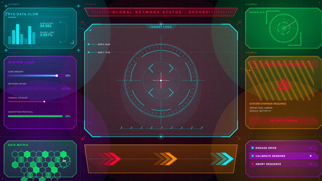 Colorful futuristic HUD dashboard with target lock radar, global network status, data charts, critical alert panels and neon controls on dark grid