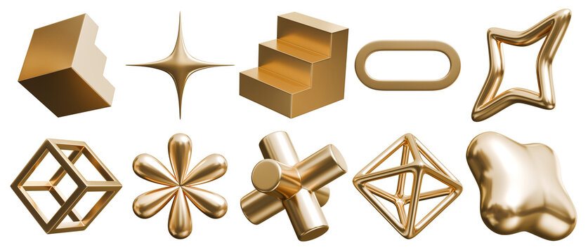 Golden abstract 3D shapes. Metallic stairs and wireframe elements for Y2K graphic design.