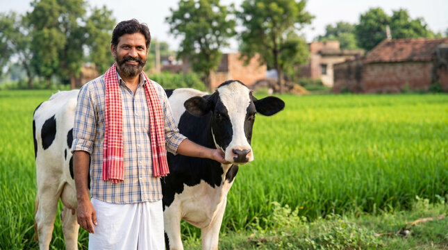 middle aged indian farmer standing beside american holstein dairy cow in green farmland for dairy farming milk production and rural agriculture concept