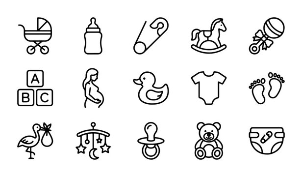 Baby Icons Set: Stroller, Bottle, Safety Pin, Rocking Horse, Rattle, Blocks, Pregnant Woman, Duck, Onesie, Footprints, Stork, Mobile, Pacifier, Teddy Bear, Diaper