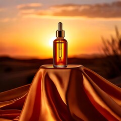 Naklejka premium Golden serum bottle on satin at sunset