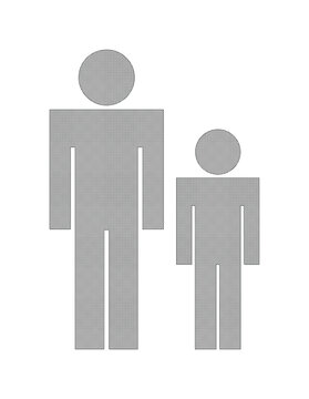 Grey adult and child stick figure icons representing height difference on white background