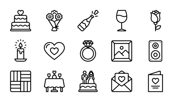 Wedding Icons Vector Set: Engagement Ring, Cake, Champagne, Flowers, Love Symbols