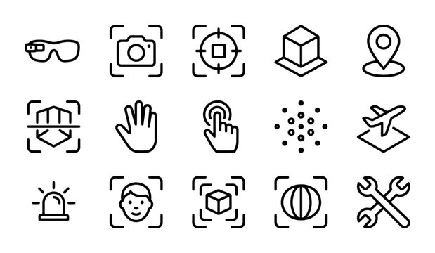 Augmented Reality Icons, VR Technology Symbols, Digital Interface Elements, Futuristic Gadgets, 15 Vector Graphics