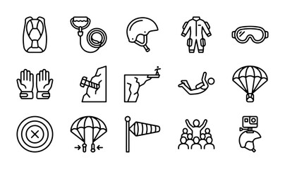 Skydiving and Extreme Sports Icons Set, Parachute, Jumpsuit, Helmet, Goggles, Vector Graphics © Fardin