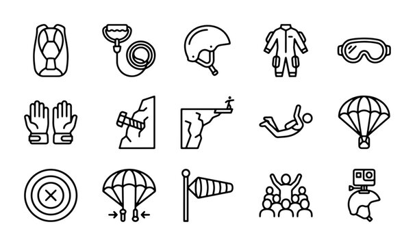 Skydiving and Extreme Sports Icons Set, Parachute, Jumpsuit, Helmet, Goggles, Vector Graphics