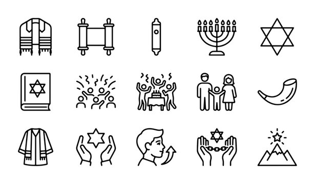 Jewish Culture Icons Set: Torah, Menorah, Star of David, Shofar, Family, Synagogue Symbols