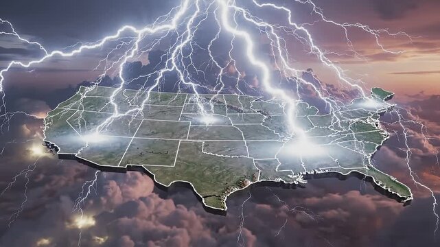 3D representation of the United States map emerges from clouds, with lightning striking various regions, creating a dramatic visual effect against a colorful sunset sky
