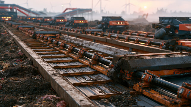 A large-scale automated composting facility at peak summer operation, rows of churning windrow machines turning food waste under a hazy afternoon sky, industrial organic waste processing and circula