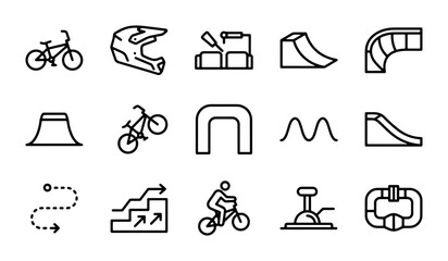 Fototapeta premium BMX Bike Icons, Extreme Sports Equipment, and Obstacle Elements. Vector Set.
