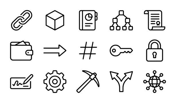 Blockchain Technology Icons Set: Digital Security, Cryptocurrency, Data Network, Smart Contract, Mining