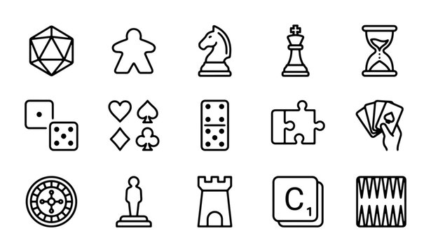 Board Game Icons Set, Strategy Game Pieces Vector Graphics, Casino and Dice Symbols Collection