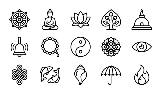 Buddhist Icons Vector Set: Dharma Wheel, Buddha, Lotus, Stupa, Yin Yang, Sacred Symbols