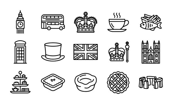 British Icons Collection: London Landmarks, Food, Crown, and Symbols Vector Set