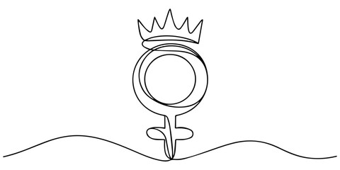 Female sign with crown continuous line minimalist outline illustration, the Venus symbol with a crown continuous one line drawing, Venus symbol with crown icon for feminist movement and royalty, style © Gerish