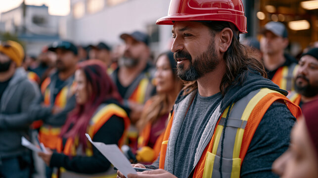 Aftermath scene of factory floor safety drill with evacuation muster point filled with workers in high-visibility vests holding headcounts, emergency coordinator in red hardhat directing personnel, 