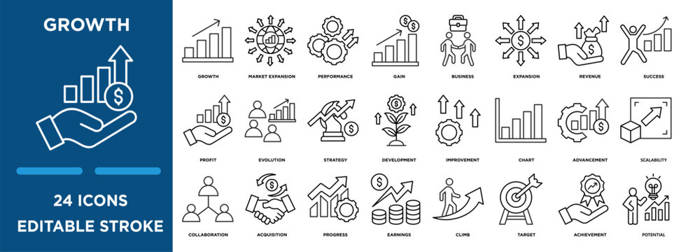 Growth icon collection set. Containing design market expansion, performance, gain,expansion, revenue, and success icon. simple line vector editable