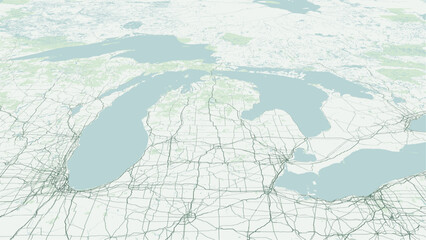 Modern minimalist vector map of Michigan state, USA. High-quality scalable illustration of Michigan Great Lakes contours, Mackinac Bridge axis, Lower and Upper Peninsula for posters and design. © AliRza
