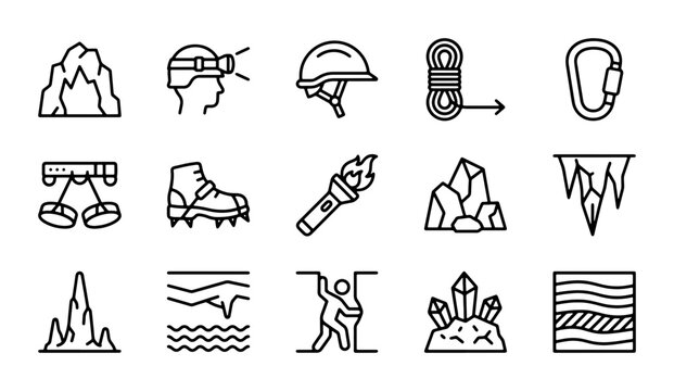 Caving Equipment Icons, Speleology Gear Set, Adventure Sports Vector Graphics, Outdoor Exploration Symbols