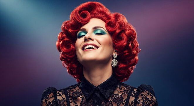 Portrait of a woman with dramatic red curls and vibrant turquoise eye makeup, showcasing glamour and confidence, embodying retro elegance and sophisticated style