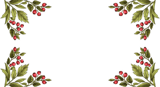 Decorative corner frames made of branches with red berries and green leaves on a plain white background for elegant invitations.