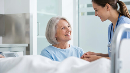Obraz premium Caring nurse supporting happy patient in hospital room for healthcare blogs, medical websites, patient care articles, and nursing education materials