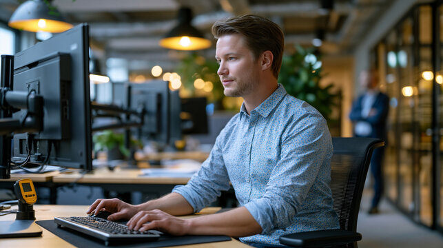 Ergonomic workplace designer measuring sit-stand workstation height clearances with digital gauge in modern open-plan office, adjustable monitor arms and anti-fatigue matting visible throughout, occ