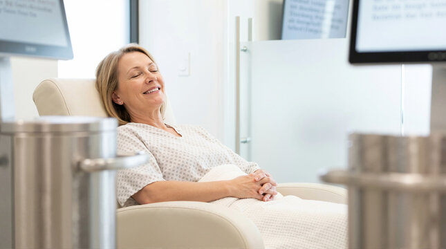 Happy patient resting in clinic chair with a smile for health blogs, wellness websites, patient care resources, and healthcare awareness materials