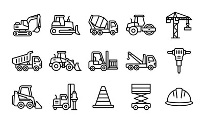 Construction Equipment Icons, Heavy Machinery Vector Graphics, Industrial Vehicles Set © Farzana