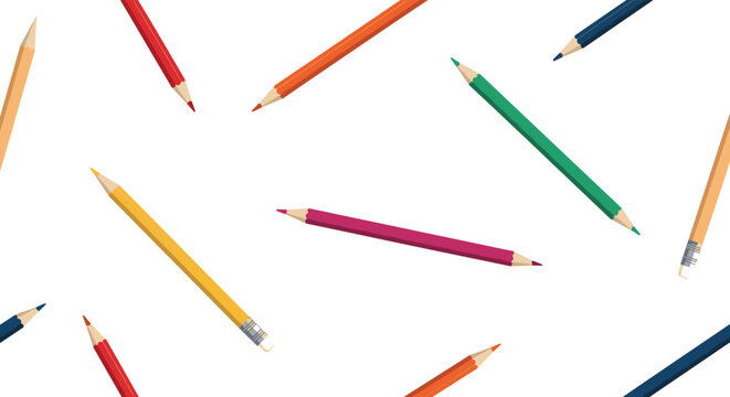Colorful seamless pattern of sharp wooden pencils scattered at different angles against a clean white background for school.