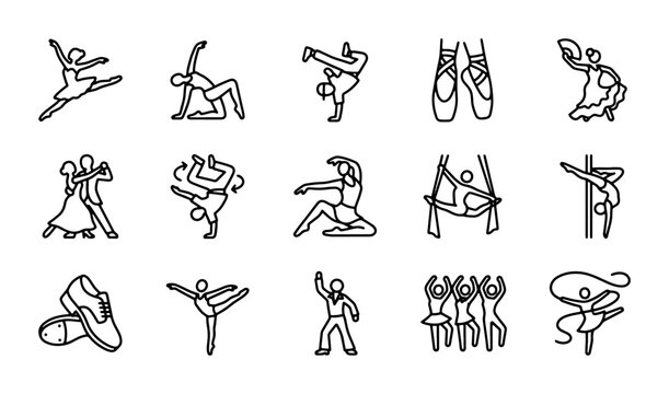 Dance Icons Set: Ballet, Ballroom, Breakdance, Aerial Silks, Pole Dance, Tap, Contemporary, Flamenco, Hip Hop, Group Performance, Vector Graphics