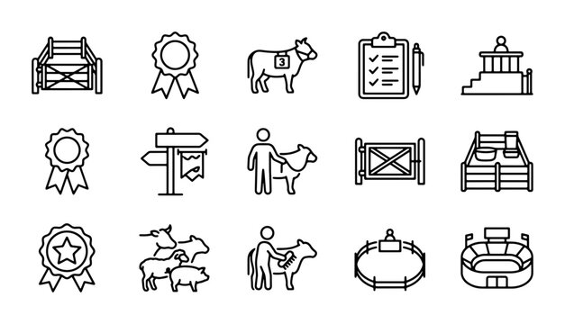 Farming and Agriculture Icons Set: Livestock, Awards, and Arenas, Vector Graphics