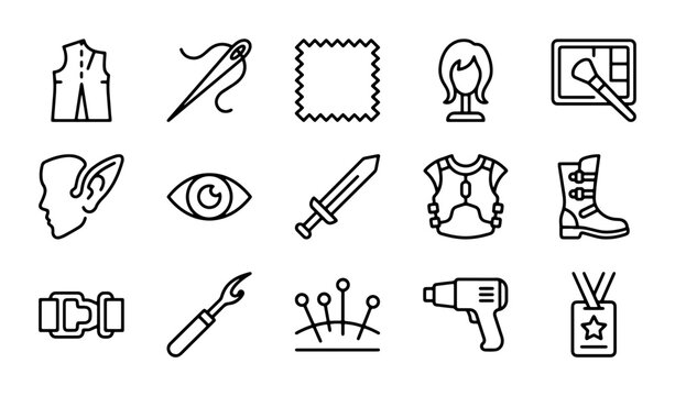 Cosplay & Costume Design Icons: Sewing, Props, and Fantasy Elements Vector Set