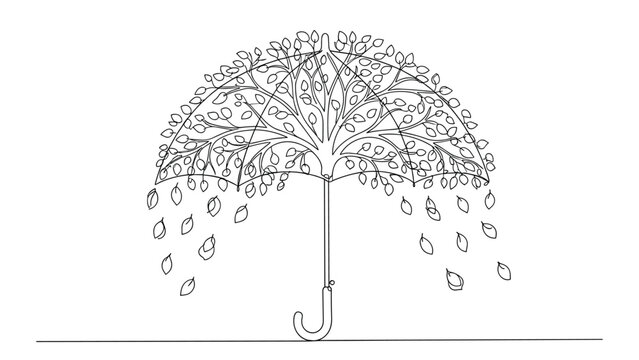 Continuous line drawing of surreal umbrella tree design with falling leaves on background.