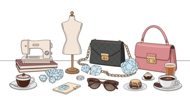 Stylish flat lay illustration of fashion and tailoring items including handbags, a sewing machine, coffee, and diamonds.