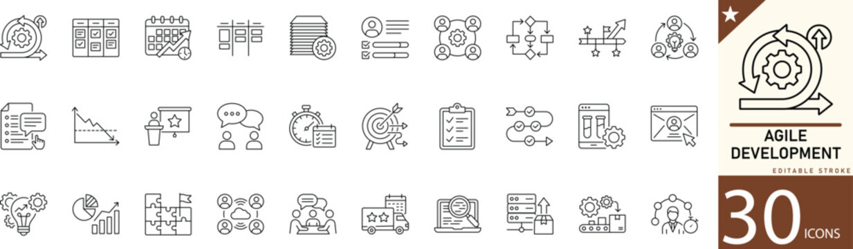 Agile Development line icon set for scrum, sprint, workflow, teamwork, project management, and software development. Editable vector icons for tech platforms, agile teams, and development projects.