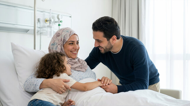 Happy family visiting a patient in a hospital room, conveying love and support for health awareness, emotional well-being, and family bonds