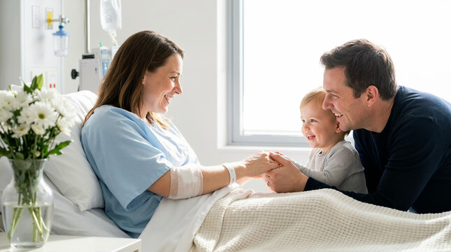 Happy family visiting patient in hospital room with flowers for healthcare blogs, family support articles, mental health awareness, and compassionate living resources