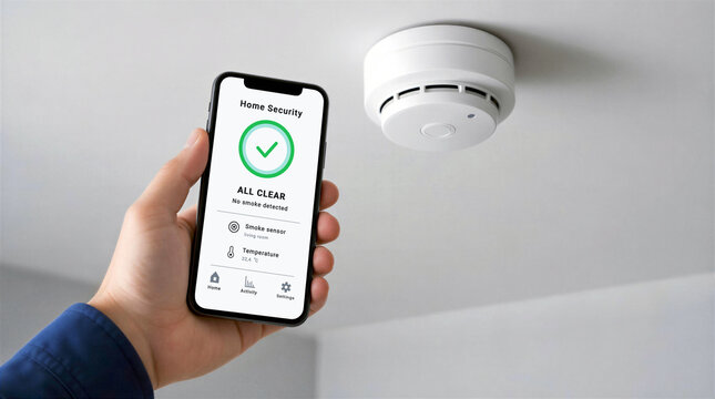 Hand holding smartphone with smart home security app interface near smoke detector on ceiling. Mobile control for fire safety alarm system, smoke sensor alert and wireless automation concept.