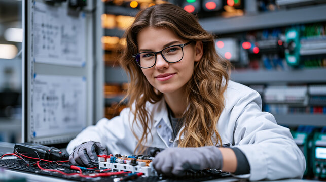 Female electrical engineer connecting bus bar assembly inside industrial control panel cabinet at manufacturing facility, insulated tools and voltage tester laid out on tool mat, technical wiring di
