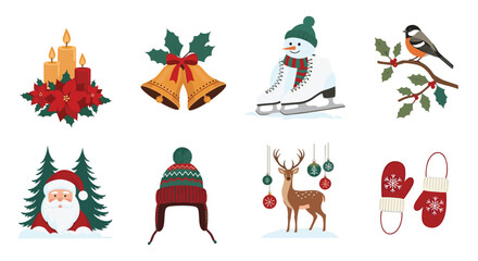 Fototapeta premium Collection of traditional Christmas holiday elements and winter season icons including Santa Claus reindeer mittens ice skates and golden bells.