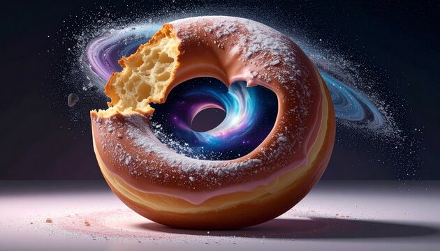Giant cosmic donut with a bite taken out revealing a swirling galaxy universe