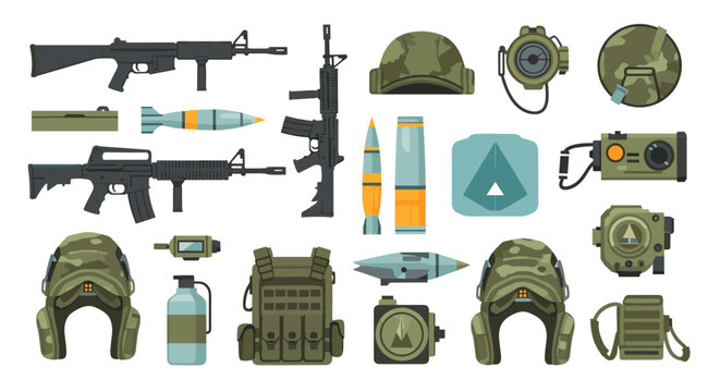 Tactical military equipment icons collection featuring assault rifles ballistic helmets protective vests ammo rounds and navigation tools for soldiers.