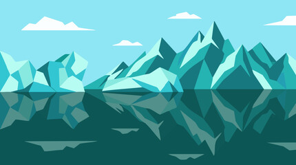 Flat design illustration of arctic icebergs and mountains in water with reflections © Artification