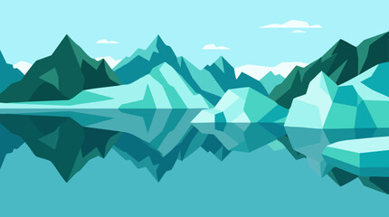 Geometric Arctic Landscape with Mountains, Icebergs, and Water Reflection © Artification