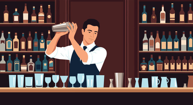 Professional male bartender in a vest and tie shaking a drink behind a well stocked bar with various bottles of spirits and glassware.