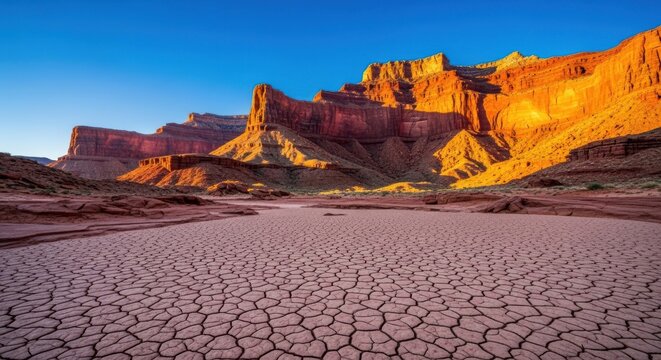 Desert landscape, dry cracked earth, rocky formations, arid terrain