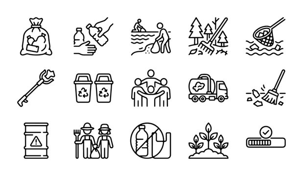 Eco-Friendly Cleanup Icons: Recycling, Volunteering, Waste Management, Nature Care