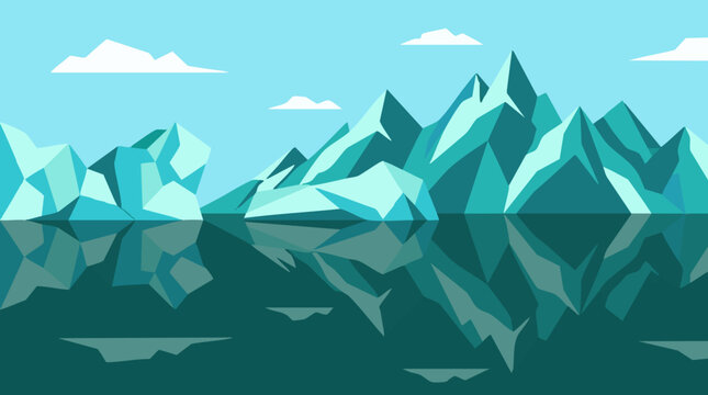 Flat design illustration of arctic icebergs and mountains in water with reflections