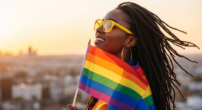 Close-up of a person holding a rainbow flag with a blurred city skyline in the background at sunset, symbolizing pride and acceptance.